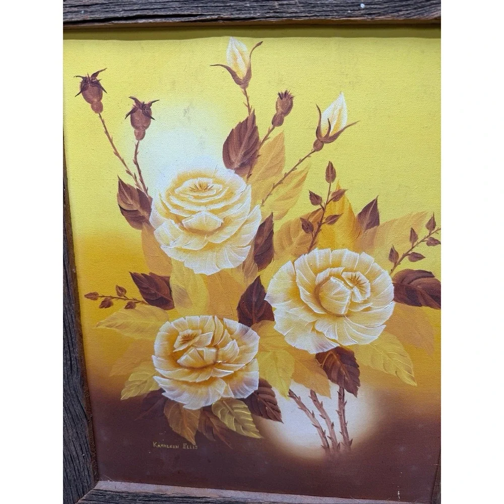 MCM Yellow Roses Oil Painting Carved Wood Frame Aged Vintage Sweet